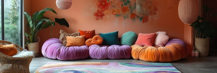 Colorful pillows on a sofa in a cozy living room. Interior of modern living room with pink sofa and colorful pillows. Colorful pillows on sofa in living room. Interior of living room with pink sofa.