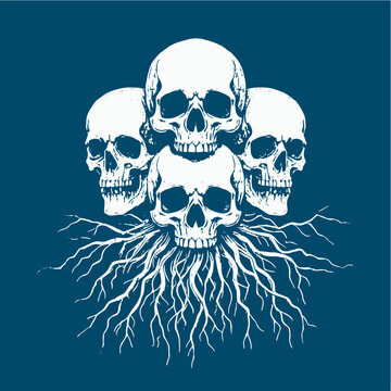 Black and white vector illustration of a skull wrapped in thorny roots. Dark and eerie design, perfect for metal band merch, tattoo art, t-shirts, posters, and gothic themes.