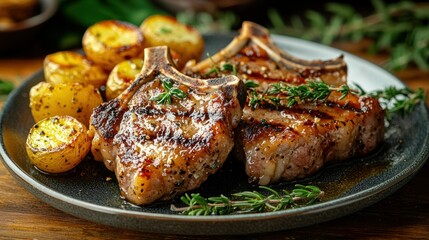 Grilled lamb chops with roasted potatoes, herbs