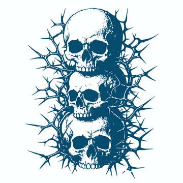 Black and white vector illustration of a skull wrapped in thorny roots. Dark and eerie design, perfect for metal band merch, tattoo art, t-shirts, posters, and gothic themes.