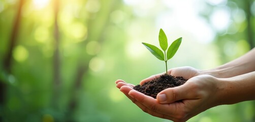 Person holds plant in soil against blurred forest. Represents corporate eco responsibility, sustainable development, ESG concept, nature care, environmental protection, green tech business, invest in
