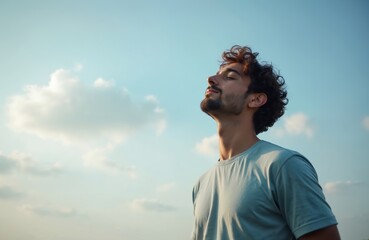 Young man breathes fresh air in natural atmosphere. Adult guy tilts head up and closes eyes in forest and blue sky. He enjoys vacation, meditates, feels calm.