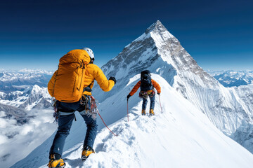 Mountaineers ascending snowy mountain peak on a sunny day