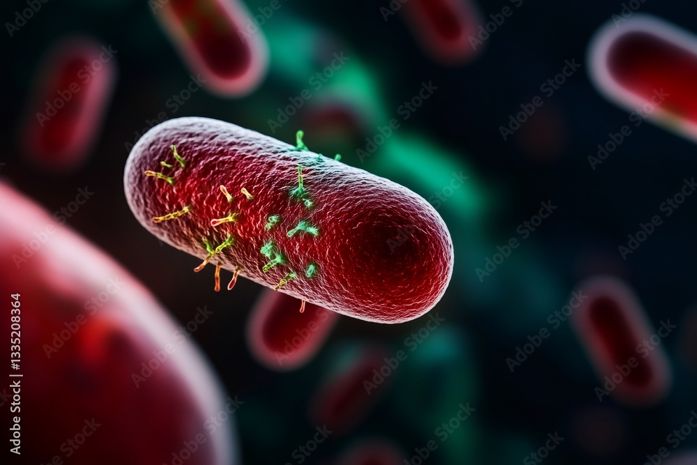 Poster bacteriophages attacking bacterium, microscopic view of virus infecting cell