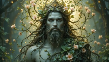 Ethereal Nature Spirit Surrounded by Blossoming Flowers and Vines