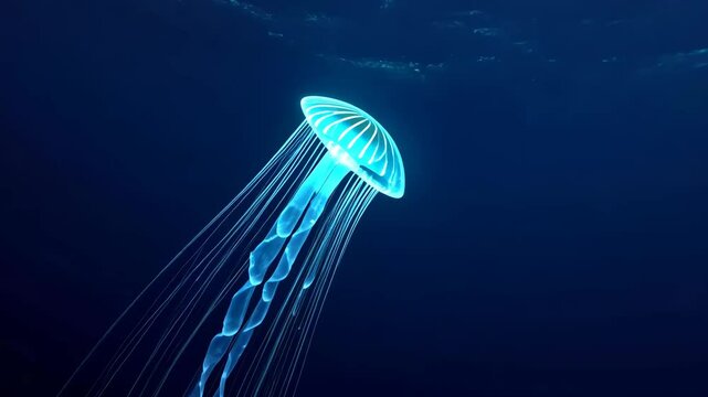 Glowing Blue Jellyfish In Deep Ocean Water Scene In Dark Night Ocean Environment Underwater