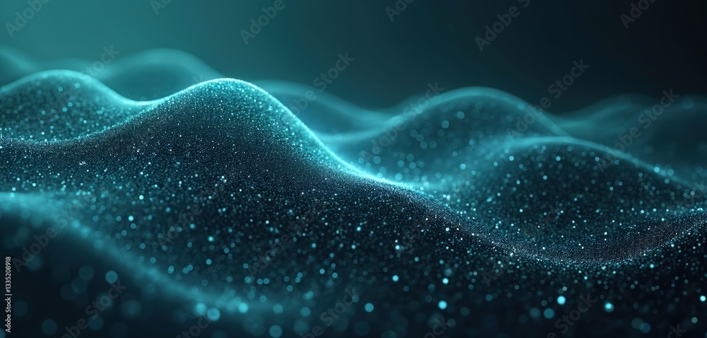 Poster Abstract blue glowing virtual neural network. Particles form line and surface grid, forming wave motion. Big data visualization concept. Modern tech wallpaper, wavy cyberspace background.