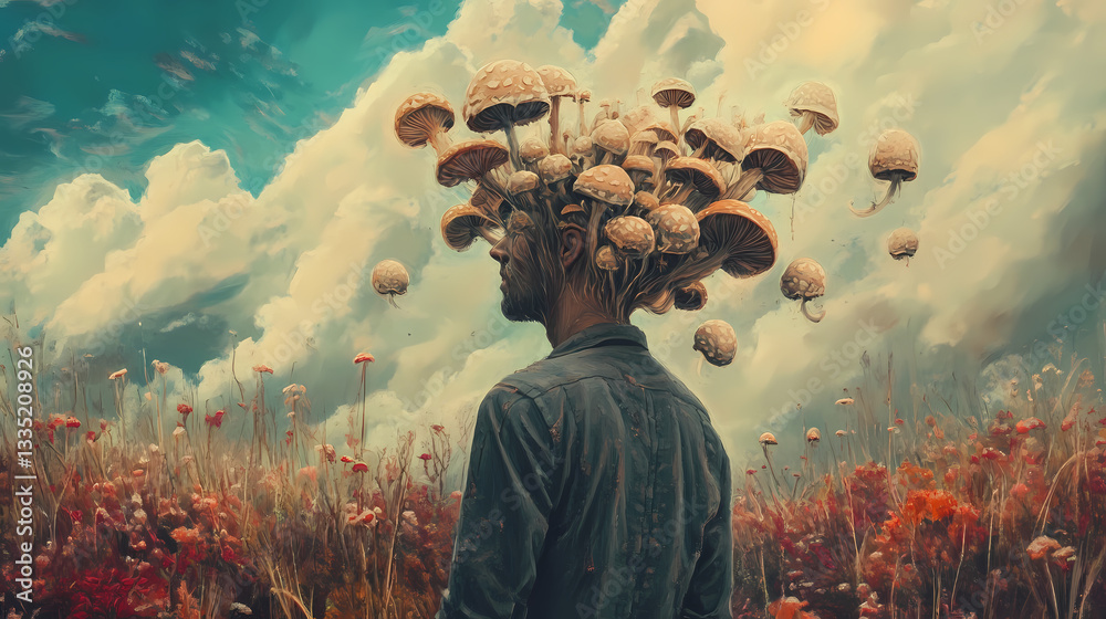 Wall mural surreal painting of a man with mushrooms growing from his head in a field. spore clouds. illustratio