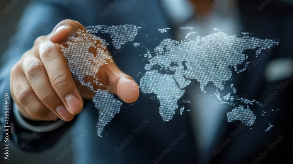 Poster businessman pointing digital world map representing global business and technology