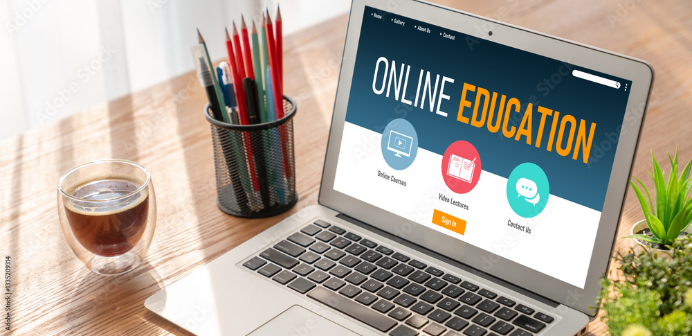 Poster e-learning website with modish sofware for student to study online on the internet network