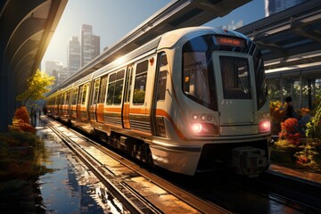 Fototapeta premium A subway train arriving at a busy underground station