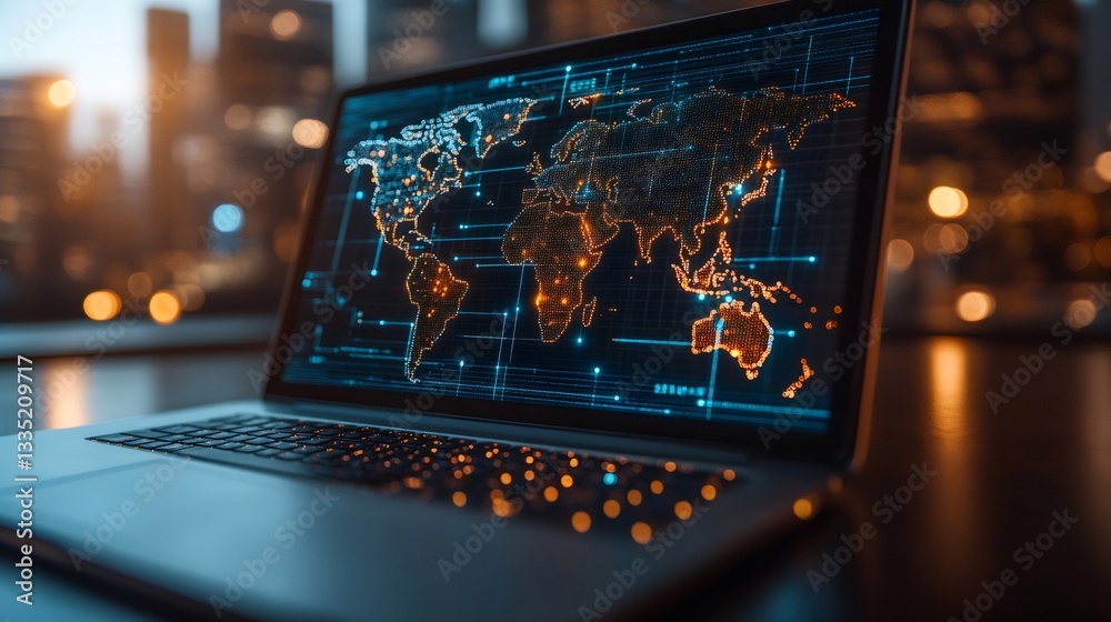 Poster laptop showing global network and data exchange in futuristic cityscape