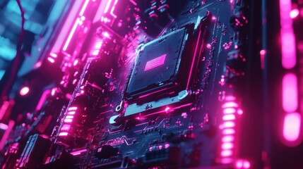 Obraz premium AI Chip Embedded in Futuristic Motherboard with Neon