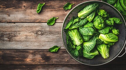 Obraz premium Fresh Green Cabbage in Metal Colander on Rustic Wooden Background