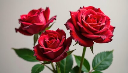 Three dewy red roses, perfectly isolated, showcasing rich color and texture , fresh, studio shot
