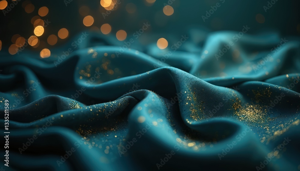 Poster close-up shiny wavy blue fabric with blurred golden bokeh lights. silk cloth texture with smooth gra