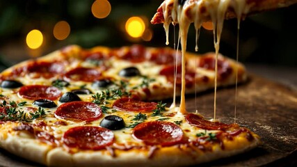 Delicious pepperoni pizza with gooey cheese and olives