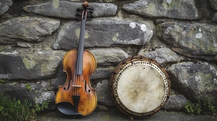 A fiddle and a bodhran (Irish drum) resting against a stone wall
