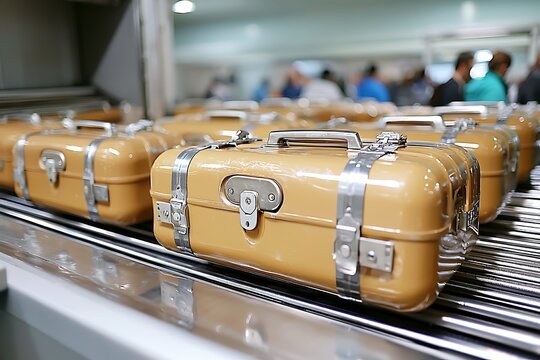 Several vintage luggage items are moving on a luggage conveyor belt
