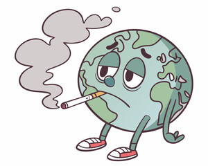 Sad Earth Character Smoking. Funny and expressive vector illustration of a sad Earth character smoking a cigarette with a tired face and smoke around.