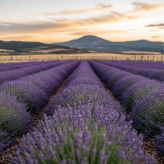 Beautiful lavender field at sunset with vibrant colors stretching to the horizon and a rustic fence in the distance
