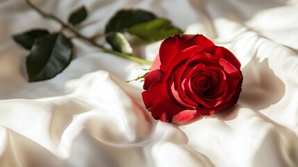 A single, perfect red rose lying on a white silk sheet, soft window light illuminating the petals