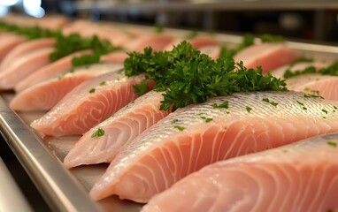 Fresh Raw Fish Fillet, Seafood, Parsley Garnish, Restaurant Quality