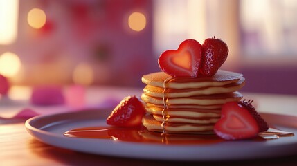 A stack of pancakes with heart-shaped strawberries and syrup