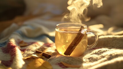 A steaming mug of apple cider with a cinnamon stick, on a cozy blanket