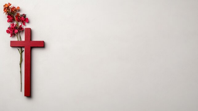 Christian Cross and Flowers on White Background for Funeral Invitation Template