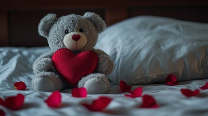 A Valentines teddy bear holding a red heart, sitting on a bed, with rose petals scattered around