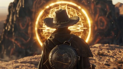 A mysterious figure in a dark cloak and wide-brimmed hat stands before an ancient, glowing portal in a rugged landscape.
