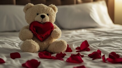 A Valentines teddy bear holding a red heart, sitting on a bed, with rose petals scattered around