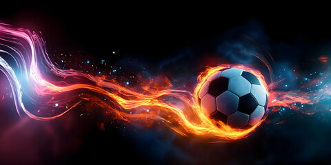 Fototapeta premium Soccer ball flying in the air, burning with bright tongues of fire on a black background. Epic goal. World Cup. International football match. Creative concept of professional sports and recreation, en