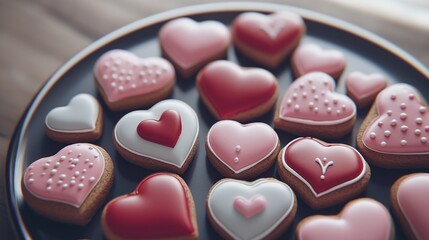 A variety of Valentines heart-shaped cookies, biscuits decorated with red, pink, and white icing