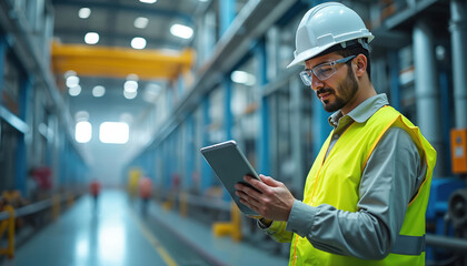 Construction worker in safety gear analyzes data on tablet in industrial plant, modern tech in field. Engineer uses machine learning app, improve efficiency. Pro workflow automation, innovation