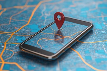 Smartphone Mockup on a Blue Map Background with a Red Location Pin 3D Rendering