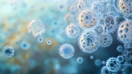 Fototapeta premium Airborne spores from mold fungus suspended in air currents, microscopic, tiny. Spore Clouds. Illustration