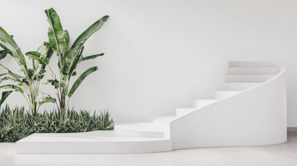 A minimalist white room with a curved staircase and a plant.