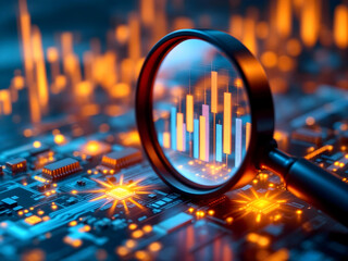Magnifying glass focusing on glowing bar charts, digital financial data visualization