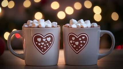Two love St Valentines mugs with a heart design, filled with hot chocolate and marshmallows