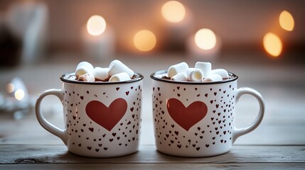 Two love St Valentines mugs with a heart design, filled with hot chocolate and marshmallows