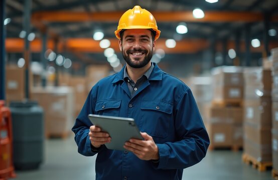 Portrait of happy pro engineer in uniform with tablet at warehouse. Inspector smiles confidently in store distributor factory, engineer on site checks merchandise, supervises shipping, ensures