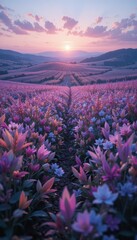 Naklejka premium Vibrant Lavender Fields at Sunset with Lush Blooming Flowers