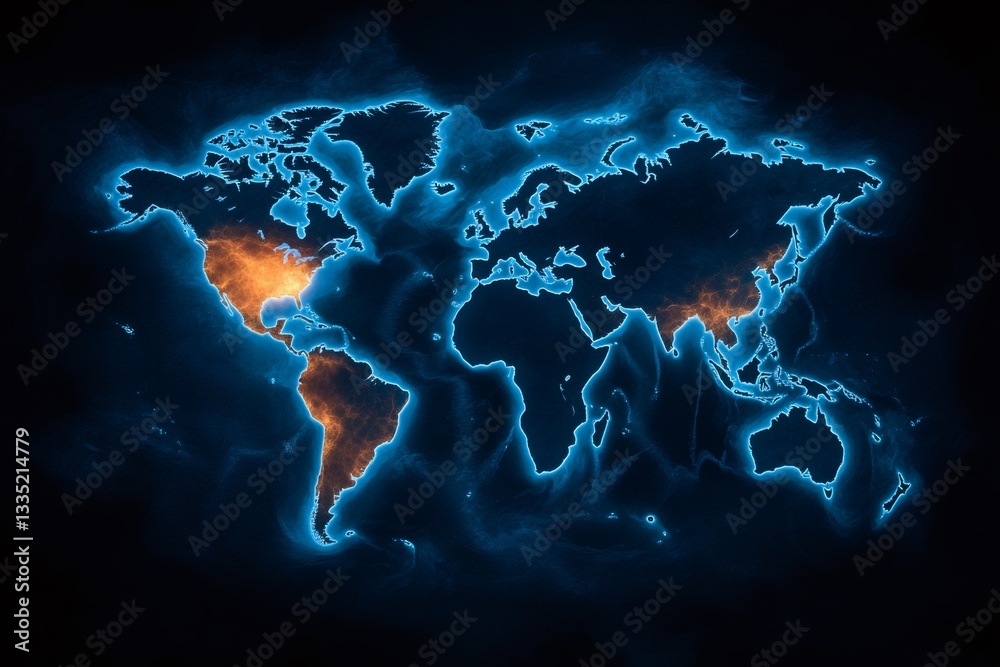 Aufkleber world map showing population density with bright lines connecting cities