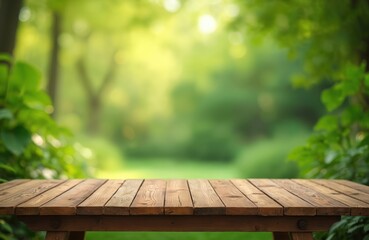 Wooden table on blurred nature background. Green bokeh, light, spring, summer. Wood board. Empty fresh outdoor space. Garden scene. Sunny day. Design element. Rustic texture. Leaf frame. Soft morning