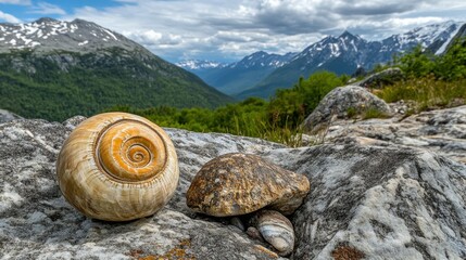 Scenic Natural Landscape with Snails and Mountains in Background