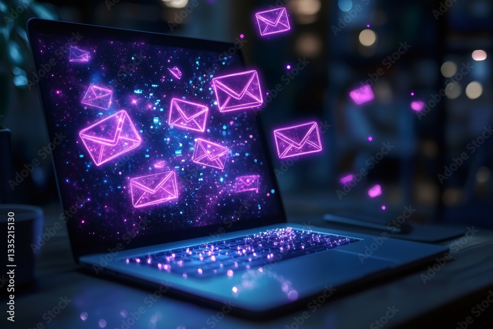 Aufkleber laptop showing hologram envelopes floating from screen in dark room