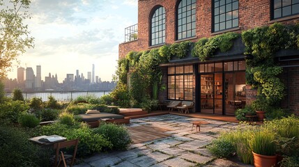 Obraz premium Luxury Rooftop Garden with City Skyline View at Sunset