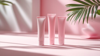 Pink cosmetic tubes on a pastel background